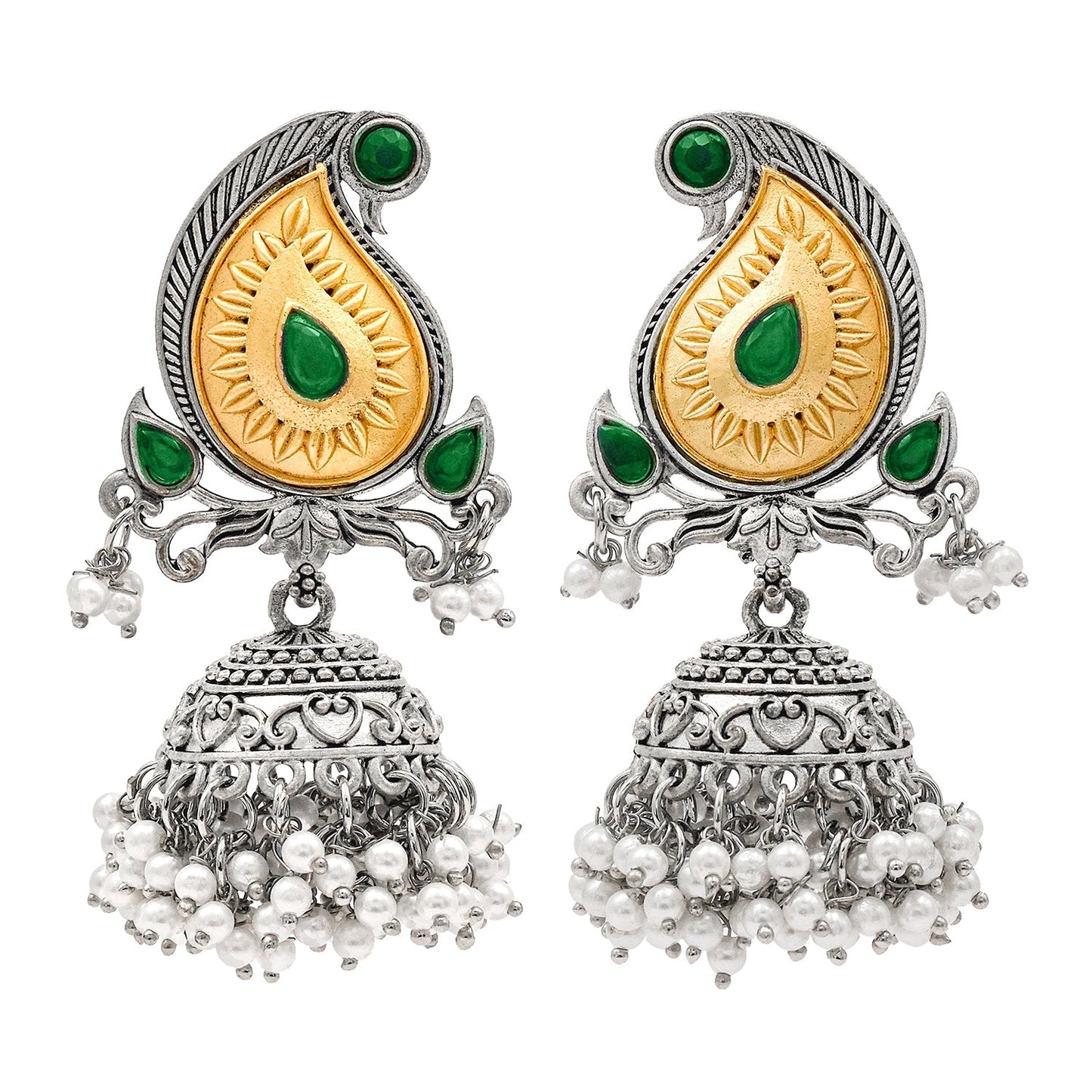 Traditional Indian Matte Two Tone Gold Antique Oxidised Silver CZ, Crystal Studded Paisley Jhumka Earring For Women - Two Tone Green (SJE_214_G)