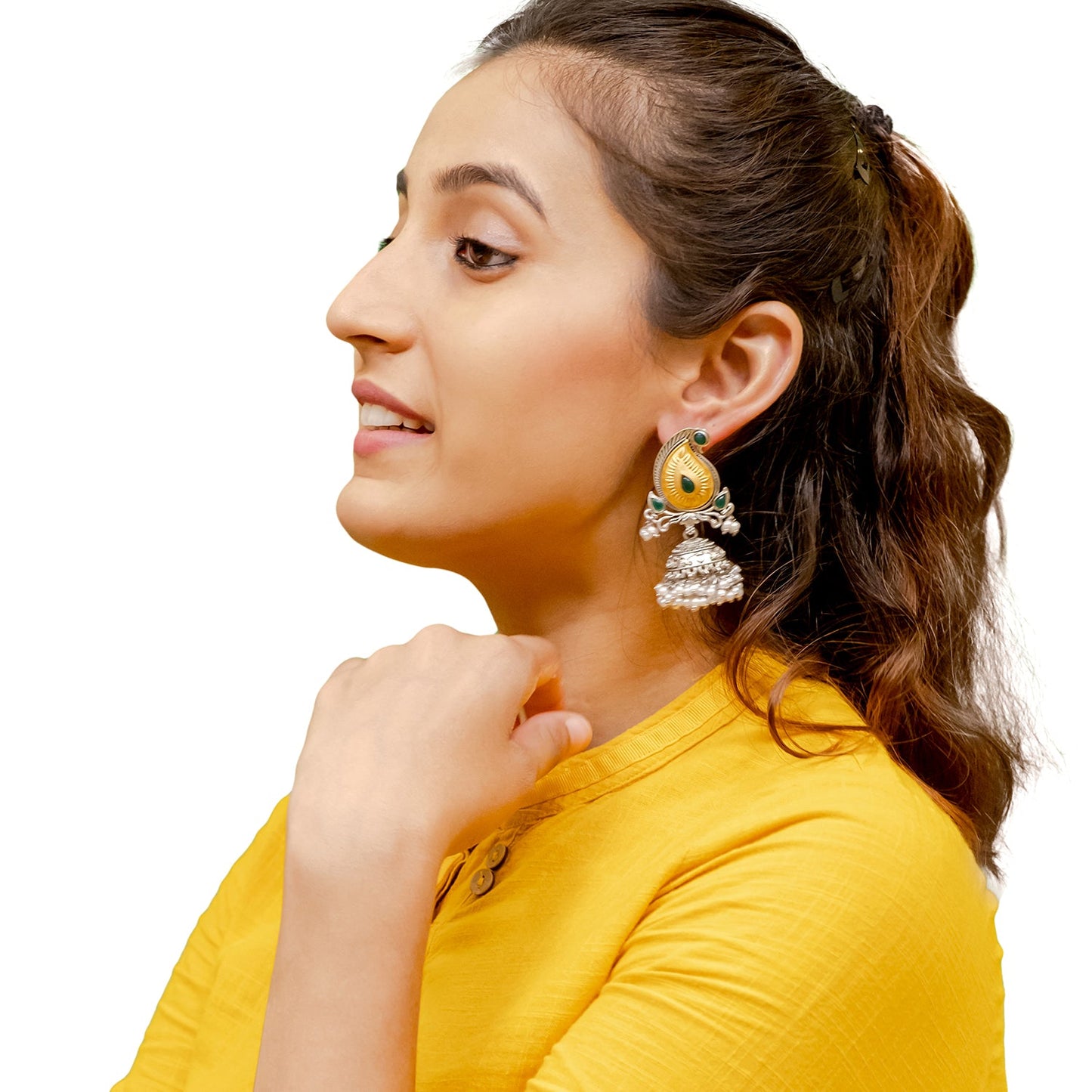 Traditional Indian Matte Two Tone Gold Antique Oxidised Silver CZ, Crystal Studded Paisley Jhumka Earring For Women - Two Tone Green (SJE_214_G)