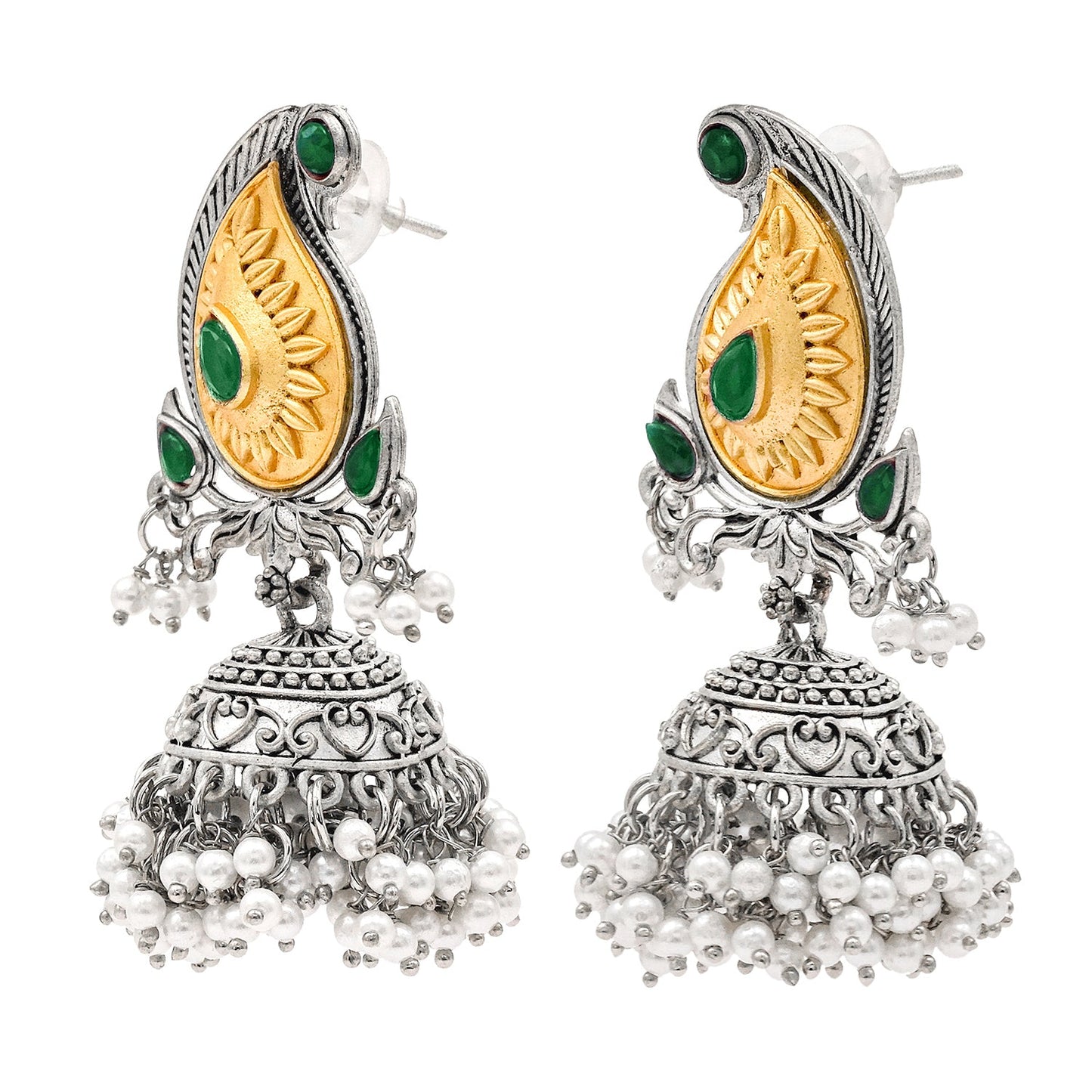 Traditional Indian Matte Two Tone Gold Antique Oxidised Silver CZ, Crystal Studded Paisley Jhumka Earring For Women - Two Tone Green (SJE_214_G)