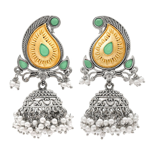 Traditional Indian Matte Two Tone Gold Antique Oxidised Silver CZ, Crystal Studded Paisley Jhumka Earring For Women - Two Tone Ligth Green (SJE_214_LG)