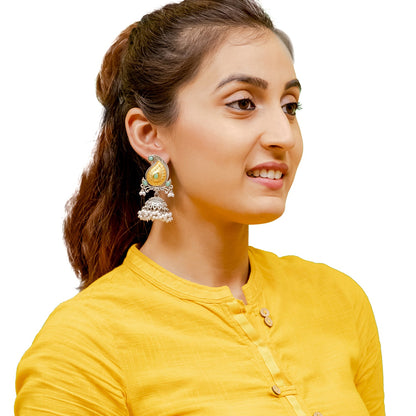 Traditional Indian Matte Two Tone Gold Antique Oxidised Silver CZ, Crystal Studded Paisley Jhumka Earring For Women - Two Tone Ligth Green (SJE_214_LG)