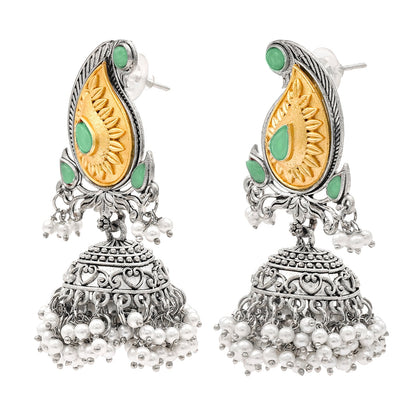 Traditional Indian Matte Two Tone Gold Antique Oxidised Silver CZ, Crystal Studded Paisley Jhumka Earring For Women - Two Tone Ligth Green (SJE_214_LG)