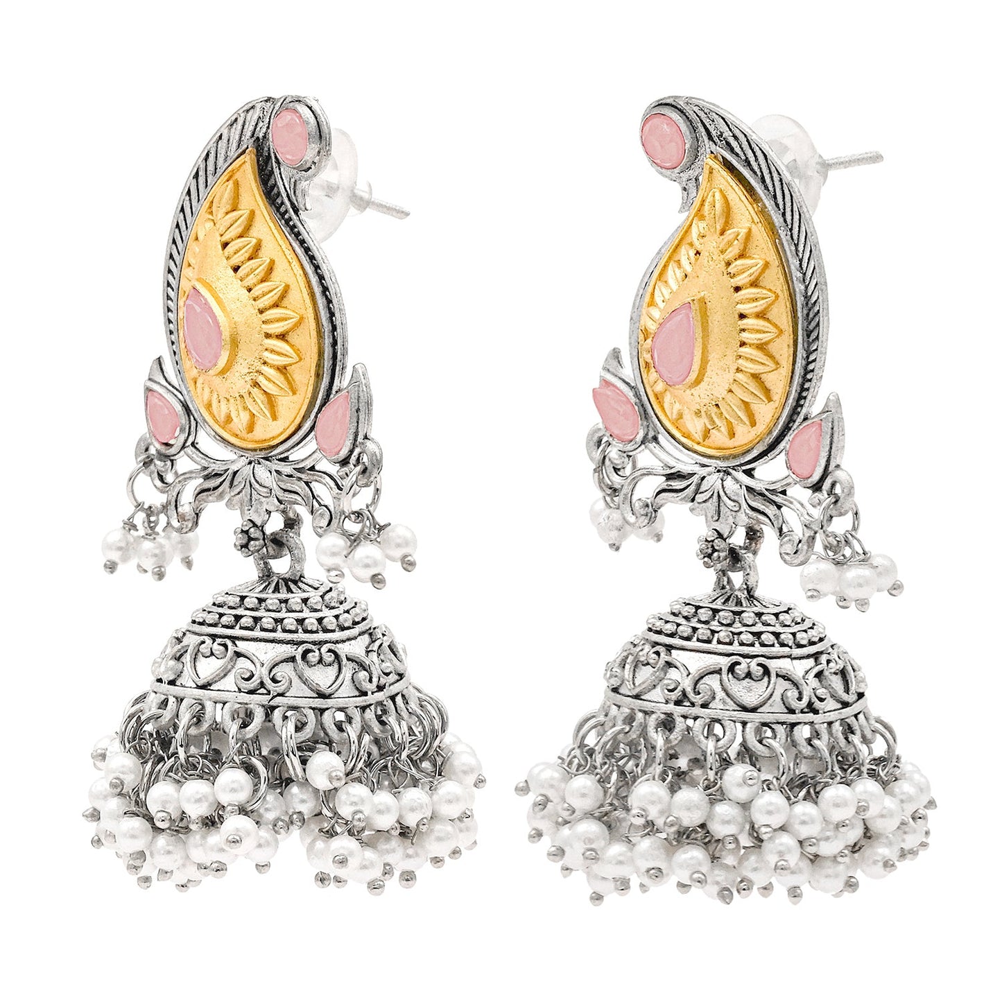 Traditional Indian Matte Two Tone Gold Antique Oxidised Silver CZ, Crystal Studded Paisley Jhumka Earring For Women - Two Tone Light Pink (SJE_214_LP)