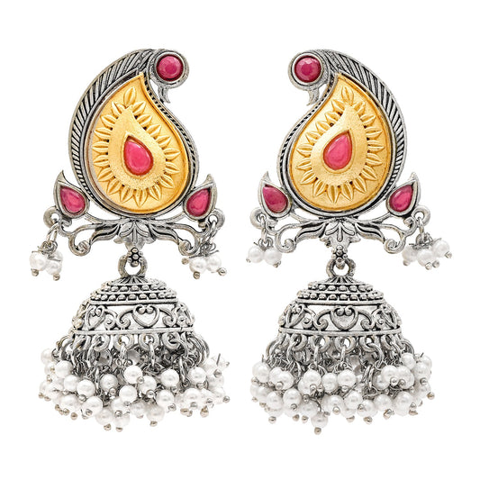 Traditional Indian Matte Two Tone Gold Antique Oxidised Silver CZ, Crystal Studded Paisley Jhumka Earring For Women - Two Tone Maroon (SJE_214_M)