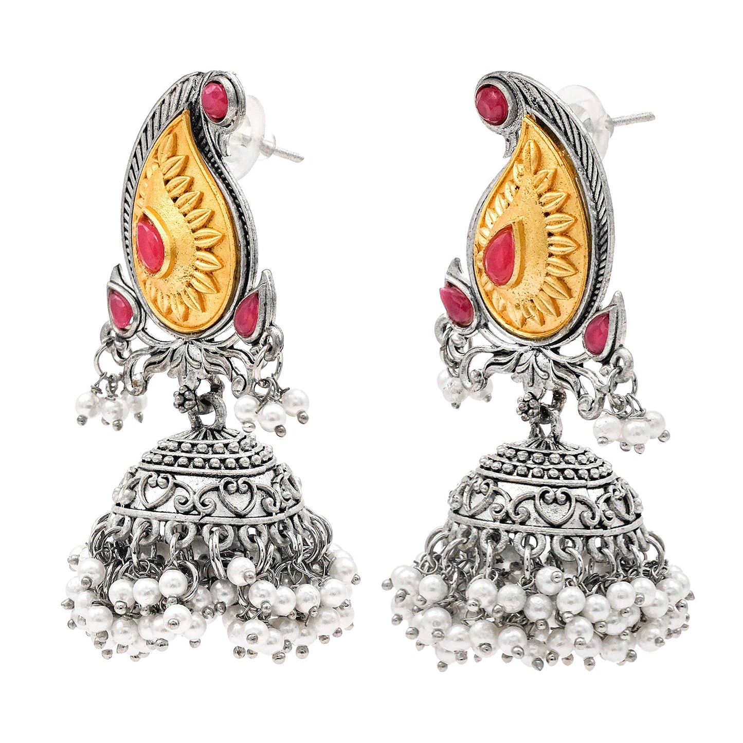 Traditional Indian Matte Two Tone Gold Antique Oxidised Silver CZ, Crystal Studded Paisley Jhumka Earring For Women - Two Tone Maroon (SJE_214_M)