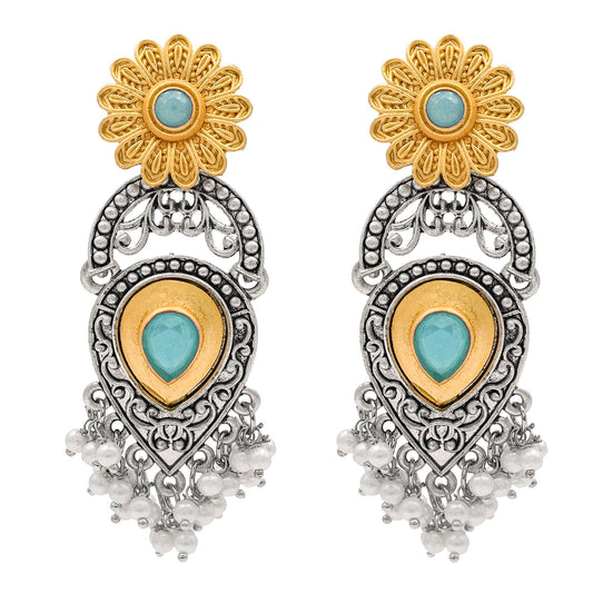 Traditional Indian Matte Two Tone Gold Antique Oxidised Silver CZ, Crystal Studded Drop Earring For Women - Two Tone Turquoise (SJE_215_AQ)