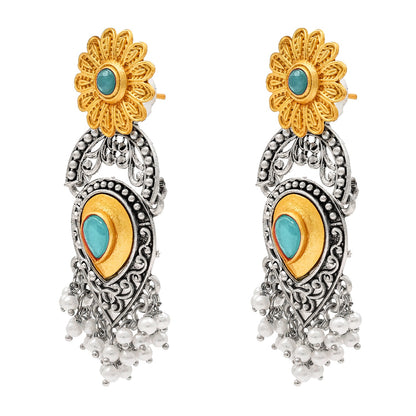 Traditional Indian Matte Two Tone Gold Antique Oxidised Silver CZ, Crystal Studded Drop Earring For Women - Two Tone Turquoise (SJE_215_AQ)