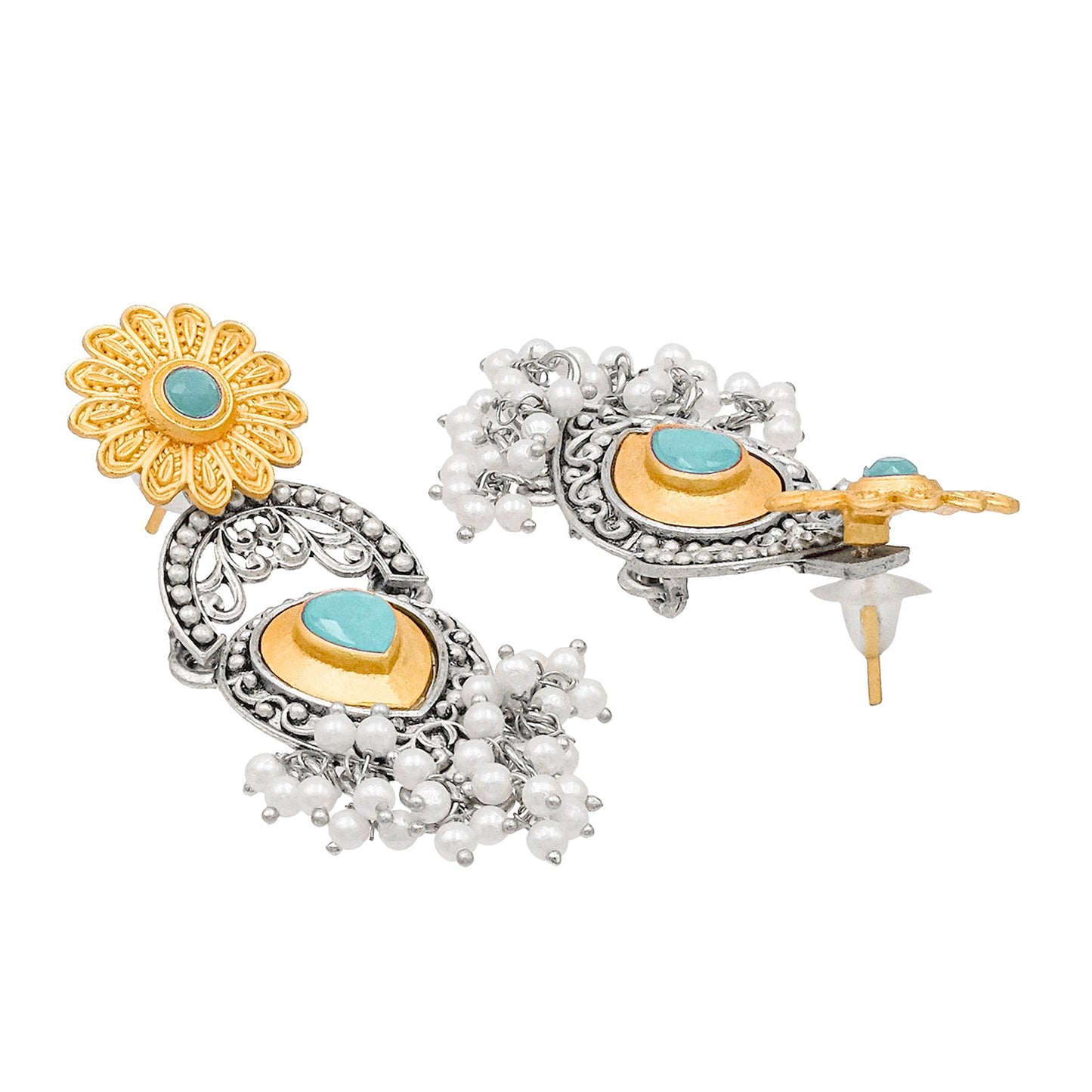 Traditional Indian Matte Two Tone Gold Antique Oxidised Silver CZ, Crystal Studded Drop Earring For Women - Two Tone Turquoise (SJE_215_AQ)