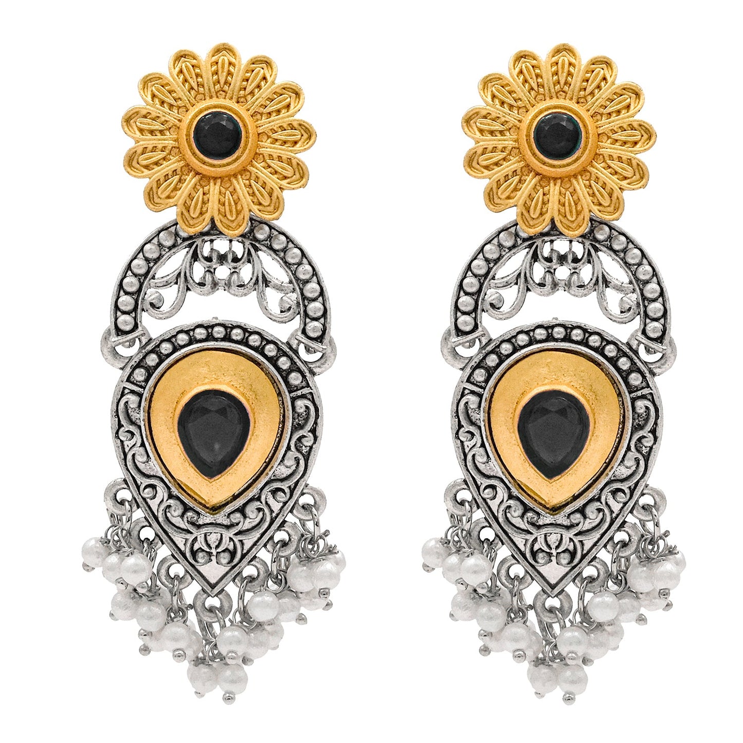 Traditional Indian Matte Two Tone Gold Antique Oxidised Silver CZ, Crystal Studded Drop Earring For Women - Two Tone Black (SJE_215_BK)