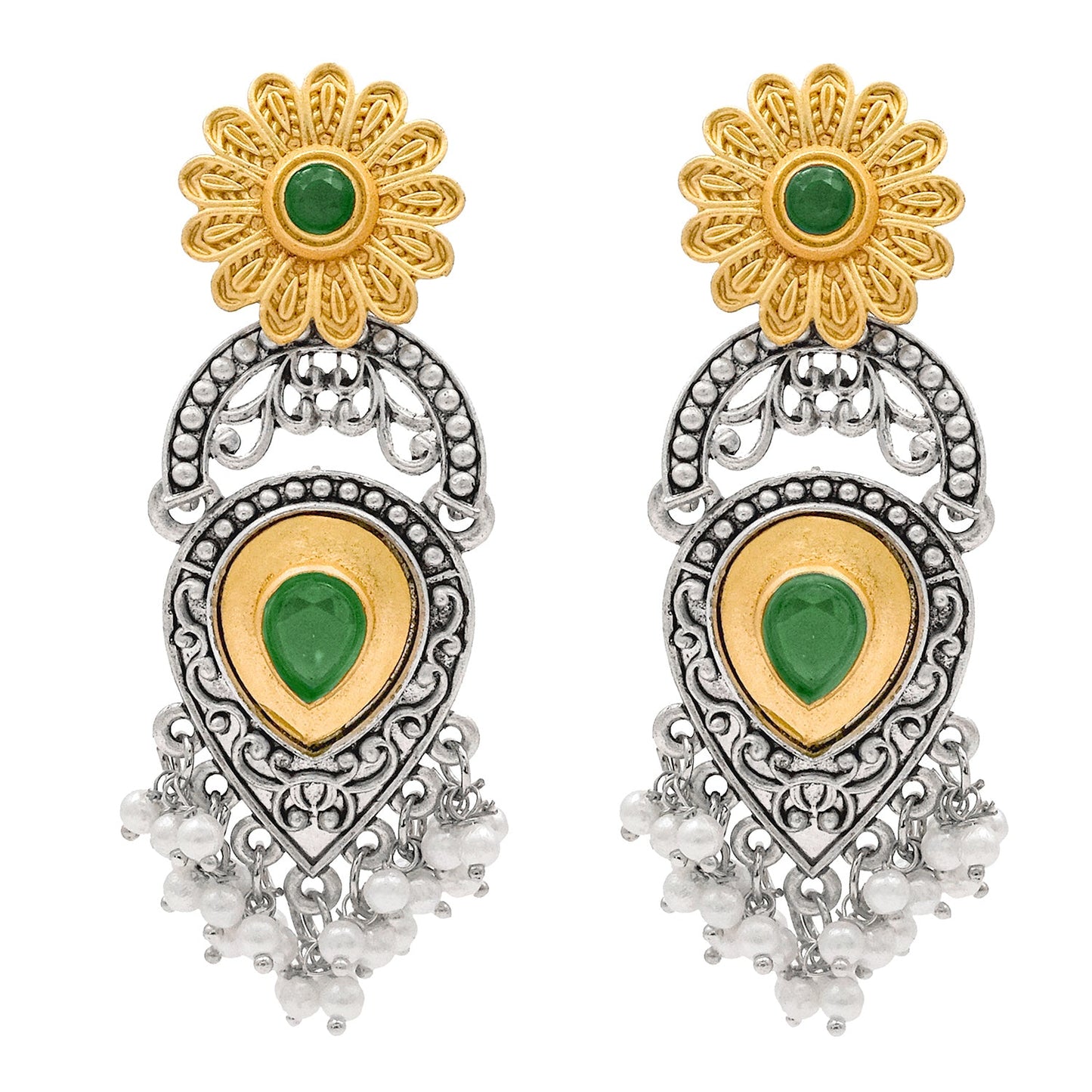 Traditional Indian Matte Two Tone Gold Antique Oxidised Silver CZ, Crystal Studded Drop Earring For Women - Two Tone Green (SJE_215_G)