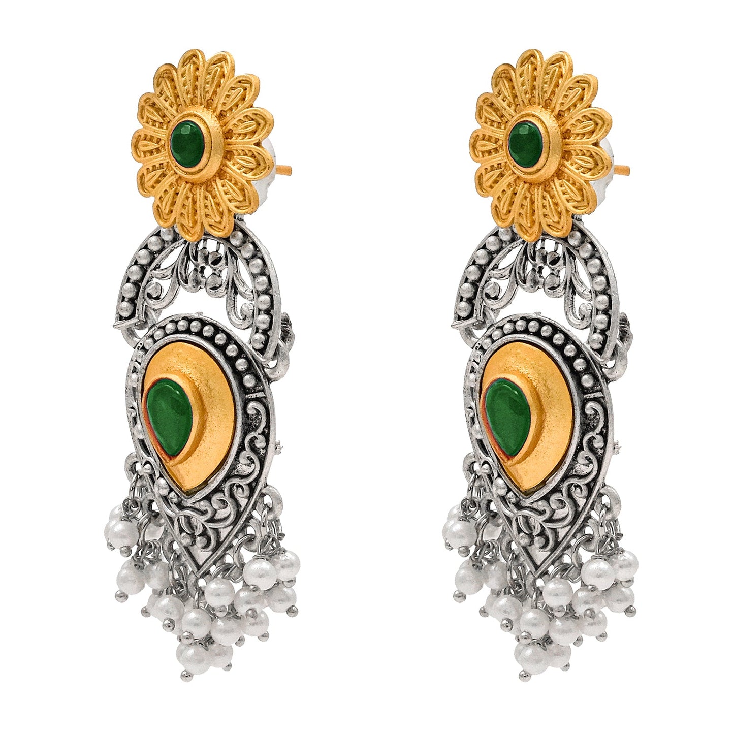 Traditional Indian Matte Two Tone Gold Antique Oxidised Silver CZ, Crystal Studded Drop Earring For Women - Two Tone Green (SJE_215_G)