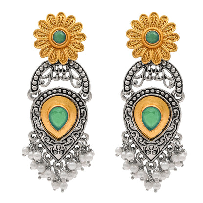 Traditional Indian Matte Two Tone Gold Antique Oxidised Silver CZ, Crystal Studded Drop Earring For Women - Two Tone Light Green (SJE_215_LG)