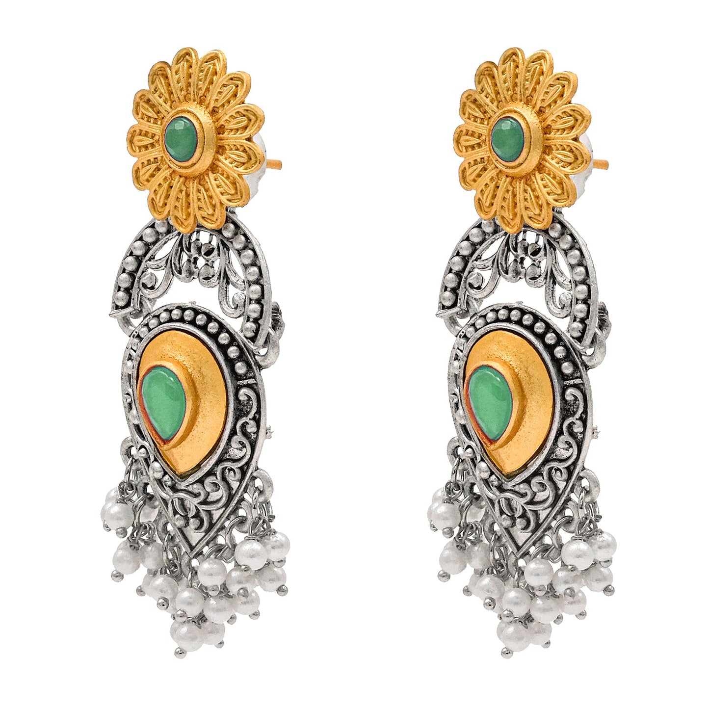 Traditional Indian Matte Two Tone Gold Antique Oxidised Silver CZ, Crystal Studded Drop Earring For Women - Two Tone Light Green (SJE_215_LG)