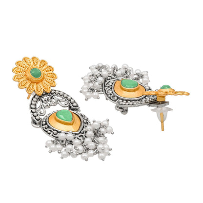 Traditional Indian Matte Two Tone Gold Antique Oxidised Silver CZ, Crystal Studded Drop Earring For Women - Two Tone Light Green (SJE_215_LG)