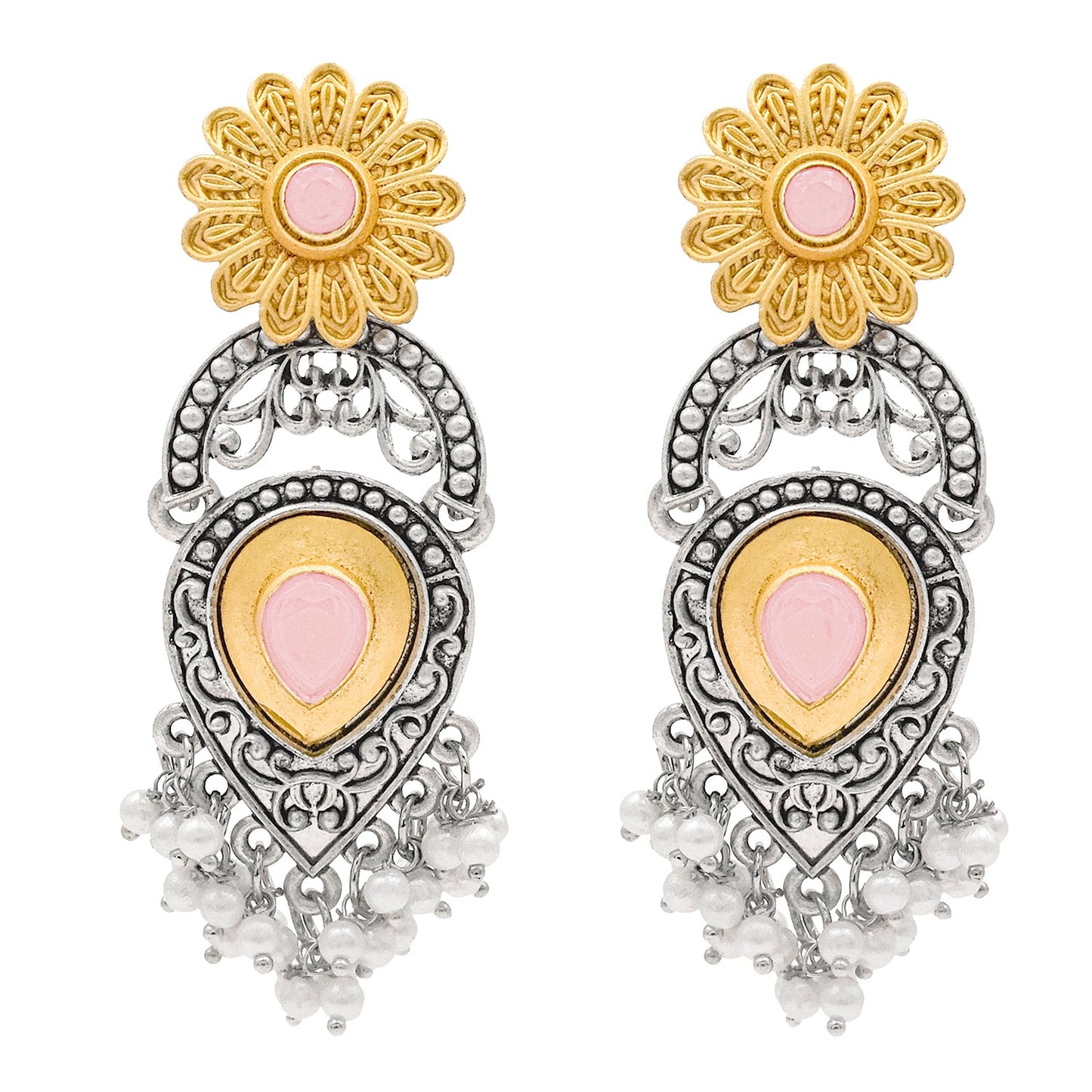 Traditional Indian Matte Two Tone Gold Antique Oxidised Silver CZ, Crystal Studded Drop Earring For Women - Two Tone Light Pink (SJE_215_LP)