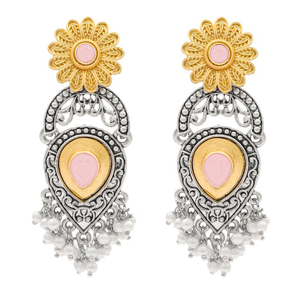 Traditional Indian Matte Two Tone Gold Antique Oxidised Silver CZ, Crystal Studded Drop Earring For Women - Two Tone Light Pink (SJE_215_LP)