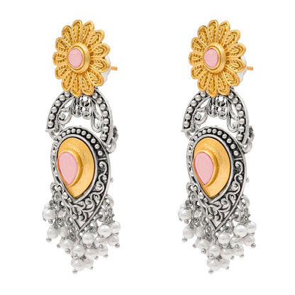 Traditional Indian Matte Two Tone Gold Antique Oxidised Silver CZ, Crystal Studded Drop Earring For Women - Two Tone Light Pink (SJE_215_LP)