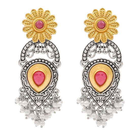 Traditional Indian Matte Two Tone Gold Antique Oxidised Silver CZ, Crystal Studded Drop Earring For Women - Two Tone Maroon (SJE_215_M)