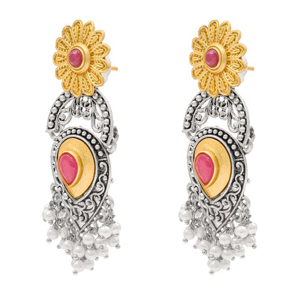 Traditional Indian Matte Two Tone Gold Antique Oxidised Silver CZ, Crystal Studded Drop Earring For Women - Two Tone Maroon (SJE_215_M)