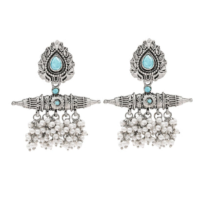 Traditional Indian Matte Antique Oxidised Silver CZ, Crystal Studded Drop Earring For Women - Silver Turquoise (SJE_216_AQ)