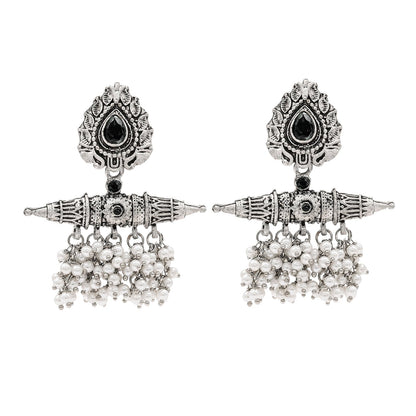 Traditional Indian Matte Antique Oxidised Silver CZ, Crystal Studded Drop Earring For Women - Silver Black (SJE_216_BK)