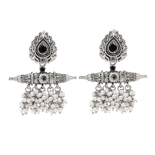 Traditional Indian Matte Antique Oxidised Silver CZ, Crystal Studded Drop Earring For Women - Silver Black (SJE_216_BK)