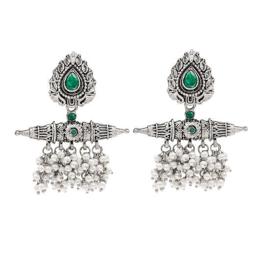 Traditional Indian Matte Antique Oxidised Silver CZ, Crystal Studded Drop Earring For Women - Silver Green (SJE_216_G)