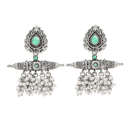 Traditional Indian Matte Antique Oxidised Silver CZ, Crystal Studded Drop Earring For Women - Silver Light Green (SJE_216_LG)