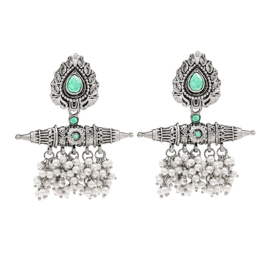 Traditional Indian Matte Antique Oxidised Silver CZ, Crystal Studded Drop Earring For Women - Silver Light Green (SJE_216_LG)