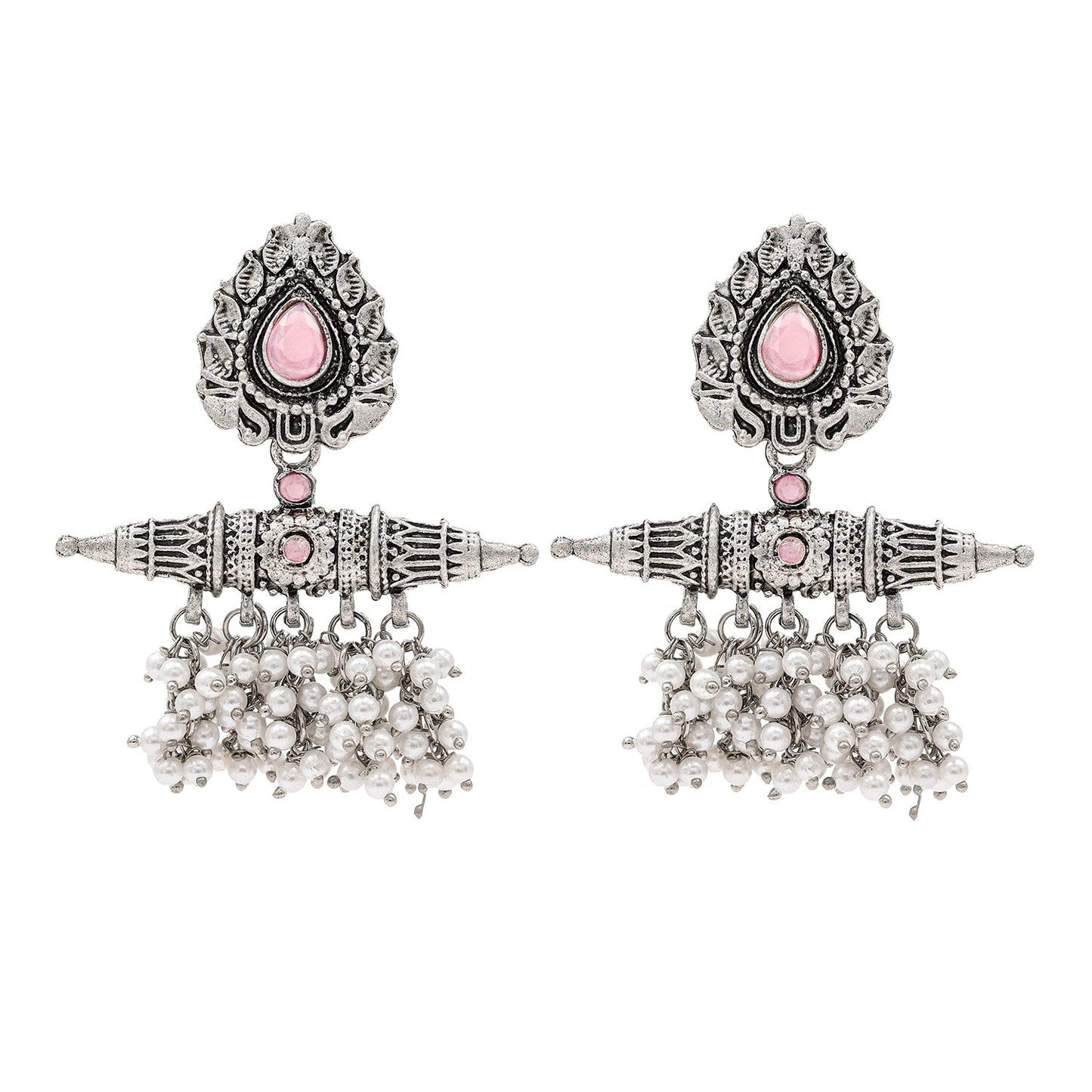 Traditional Indian Matte Antique Oxidised Silver CZ, Crystal Studded Drop Earring For Women - Silver Light Pink (SJE_216_LP)