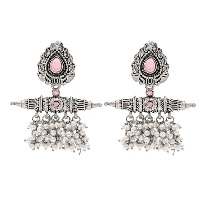 Traditional Indian Matte Antique Oxidised Silver CZ, Crystal Studded Drop Earring For Women - Silver Light Pink (SJE_216_LP)