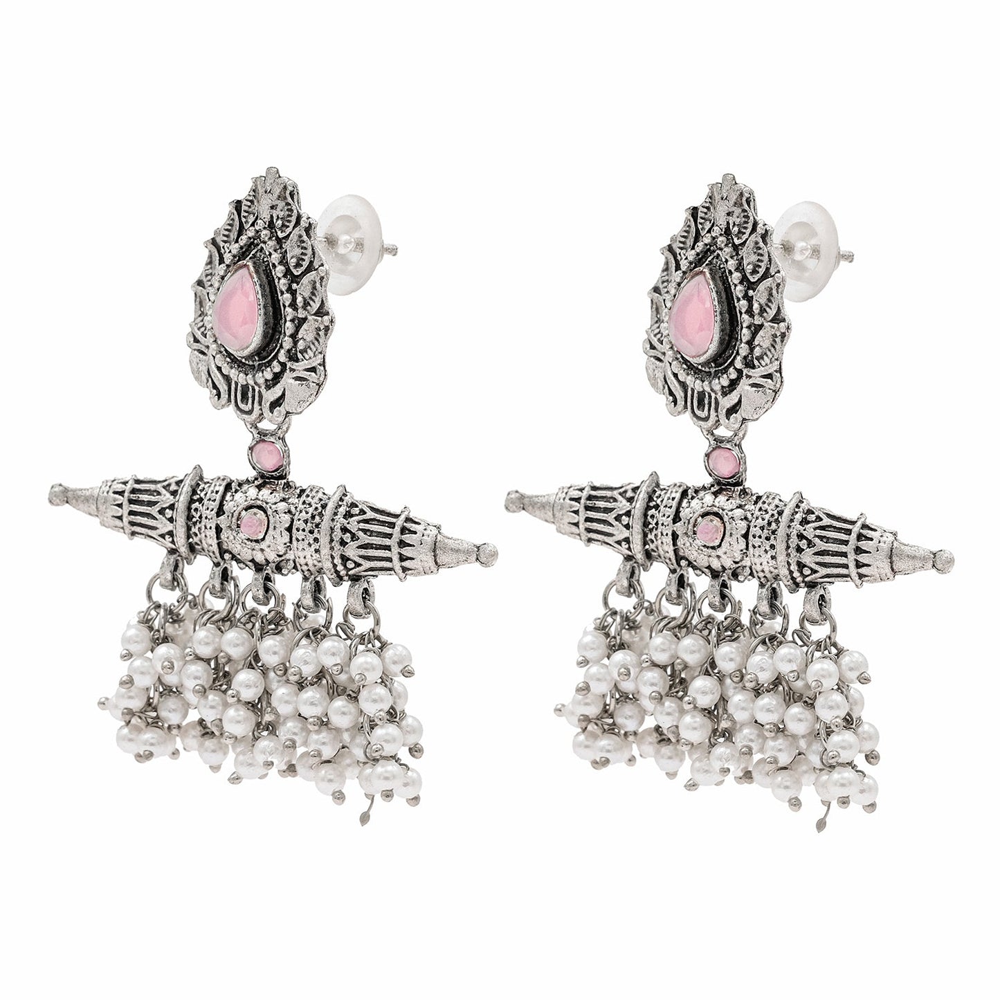 Traditional Indian Matte Antique Oxidised Silver CZ, Crystal Studded Drop Earring For Women - Silver Light Pink (SJE_216_LP)