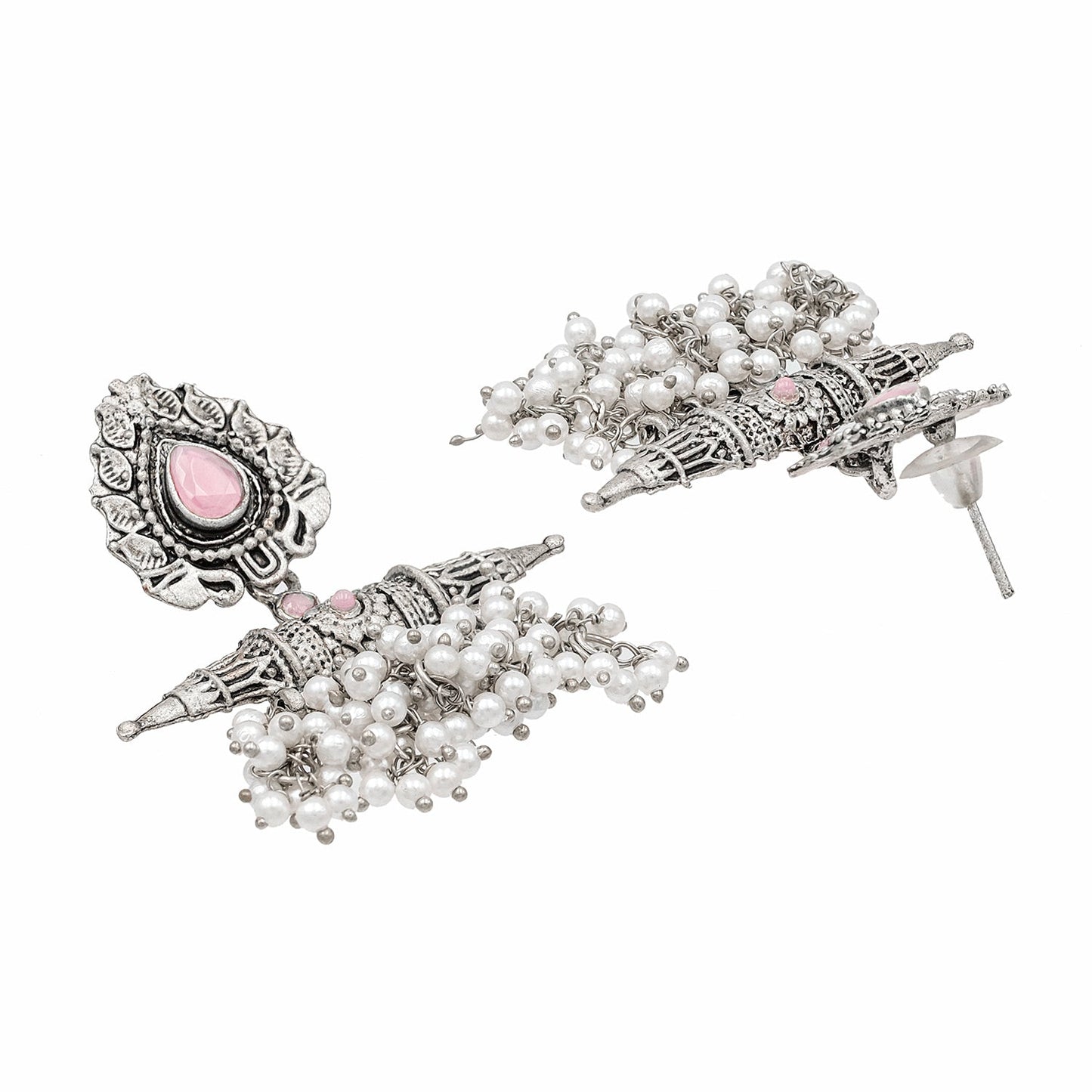 Traditional Indian Matte Antique Oxidised Silver CZ, Crystal Studded Drop Earring For Women - Silver Light Pink (SJE_216_LP)