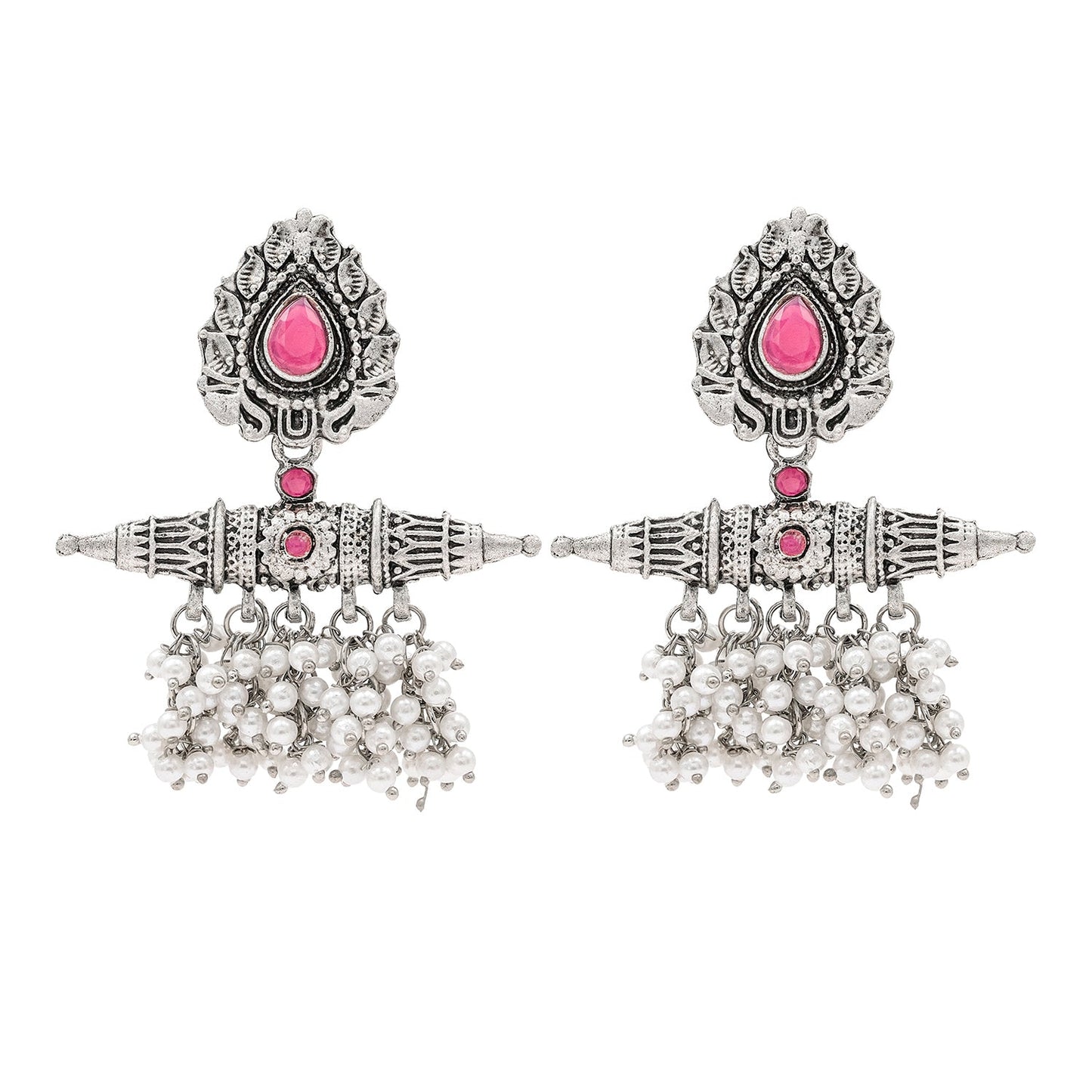 Traditional Indian Matte Antique Oxidised Silver CZ, Crystal Studded Drop Earring For Women - Silver Maroon (SJE_216_M)