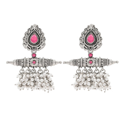 Traditional Indian Matte Antique Oxidised Silver CZ, Crystal Studded Drop Earring For Women - Silver Maroon (SJE_216_M)