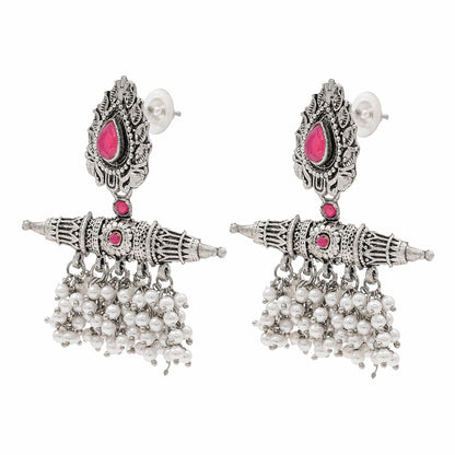 Traditional Indian Matte Antique Oxidised Silver CZ, Crystal Studded Drop Earring For Women - Silver Maroon (SJE_216_M)