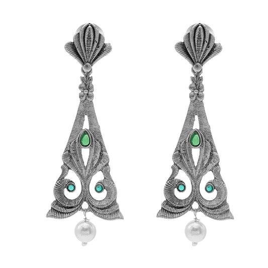 Traditional Indian Matte Silver Oxidised CZ, Crystal Studded Drop Earring For Women - (SJE_217_S_G)