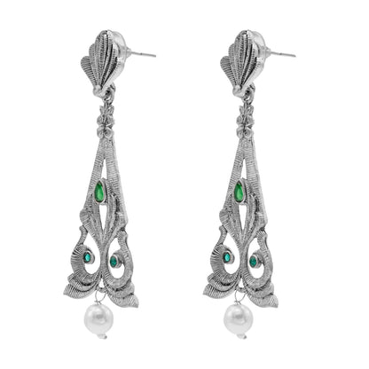 Traditional Indian Matte Silver Oxidised CZ, Crystal Studded Drop Earring For Women - (SJE_217_S_G)