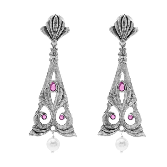 Traditional Indian Matte Silver Oxidised CZ, Crystal Studded Drop Earring For Women - (SJE_217_S_M)
