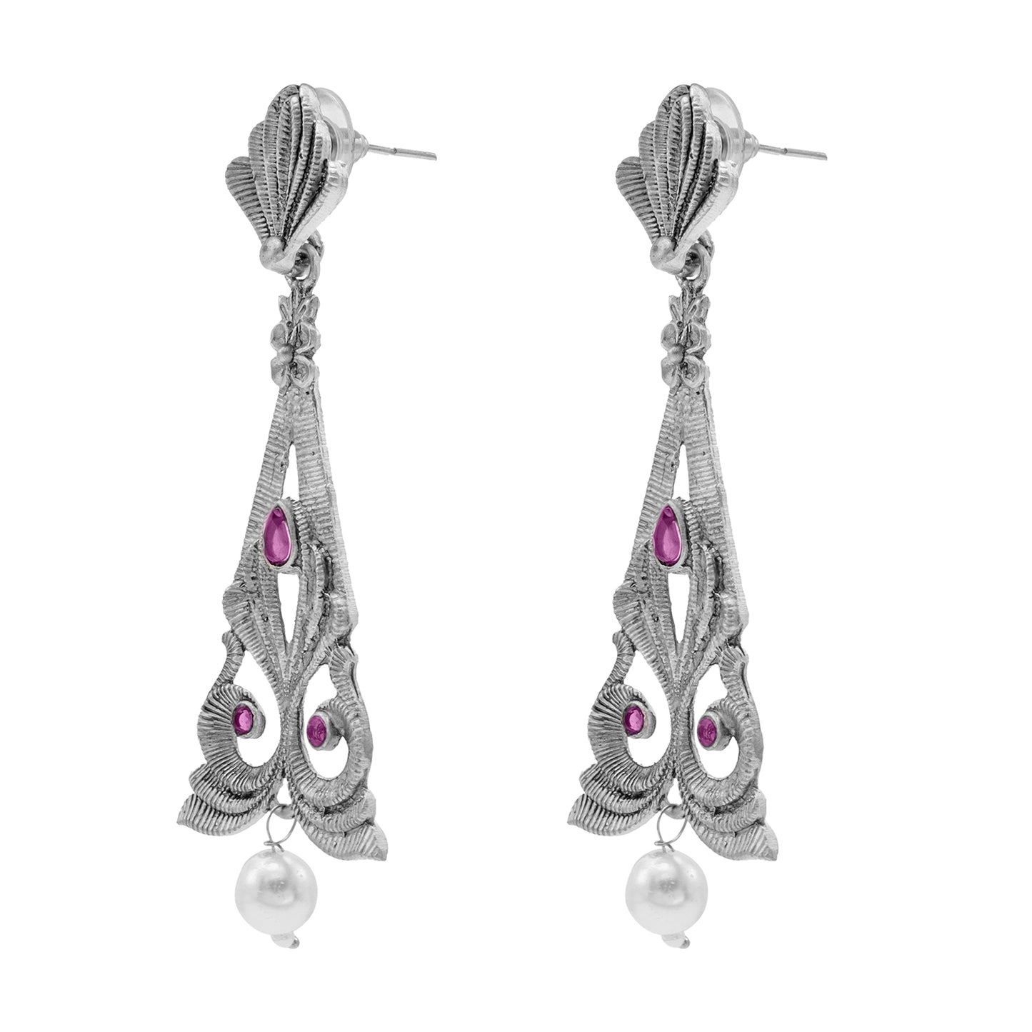 Traditional Indian Matte Silver Oxidised CZ, Crystal Studded Drop Earring For Women - (SJE_217_S_M)
