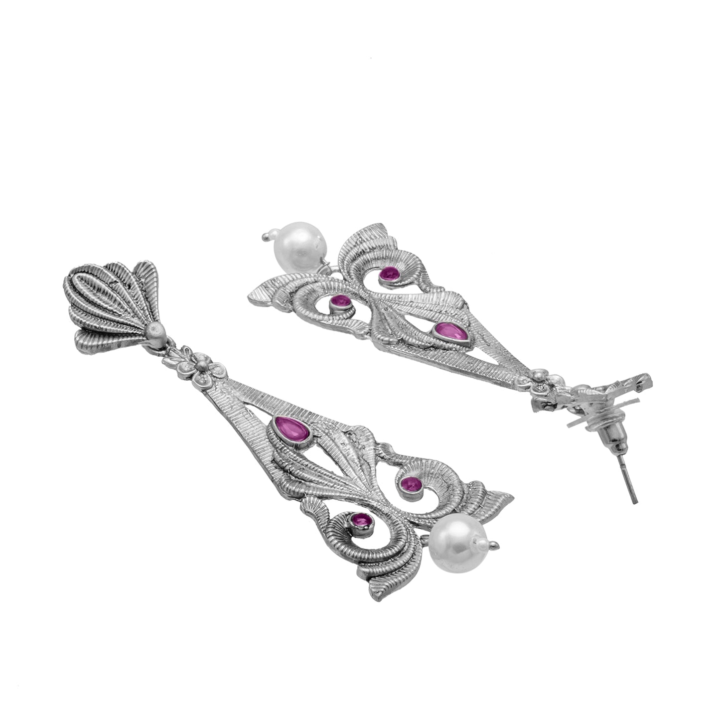 Traditional Indian Matte Silver Oxidised CZ, Crystal Studded Drop Earring For Women - (SJE_217_S_M)