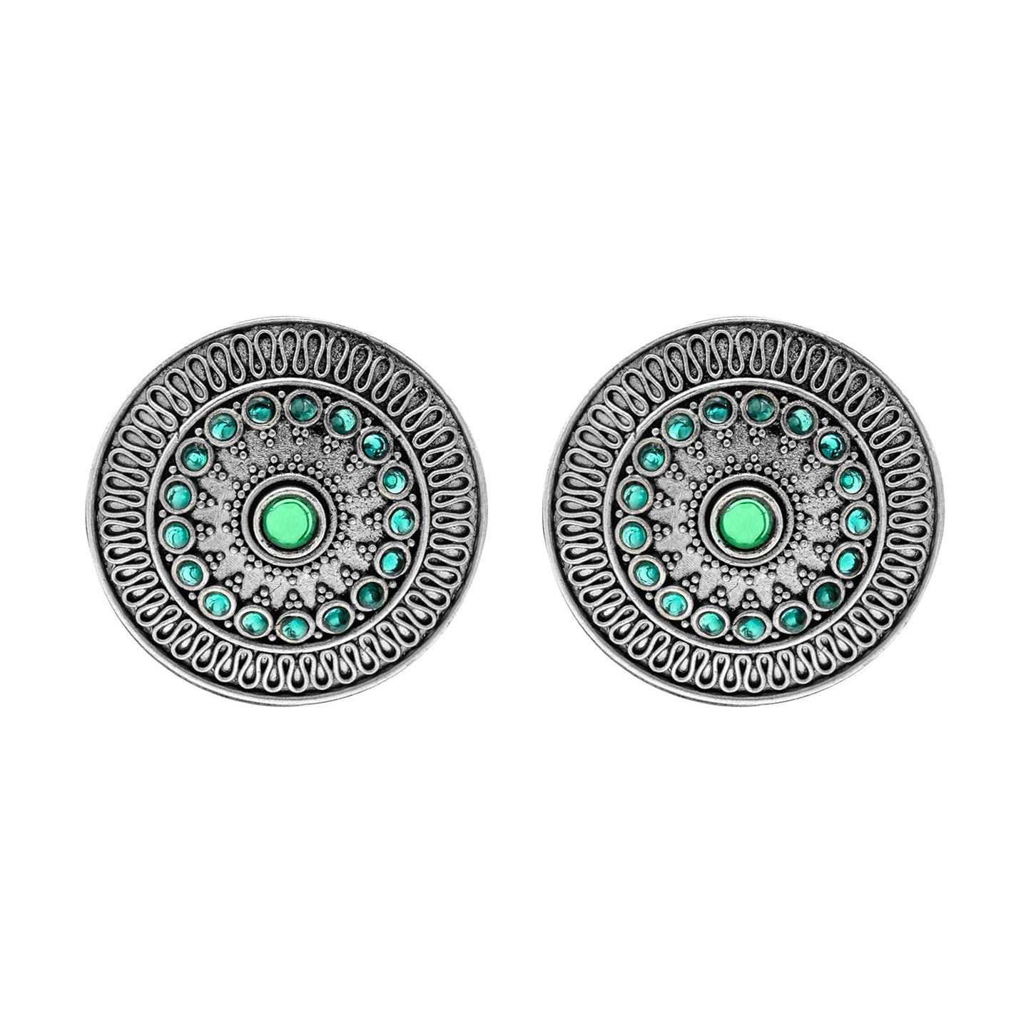 Traditional Indian Matte Silver Oxidised CZ, Crystal Oversized Stud Earring For Women - Silver, Green(SJE_218_S_G)