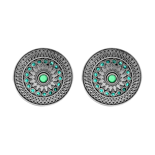 Traditional Indian Matte Silver Oxidised CZ, Crystal Oversized Stud Earring For Women - Silver, Green(SJE_218_S_G)