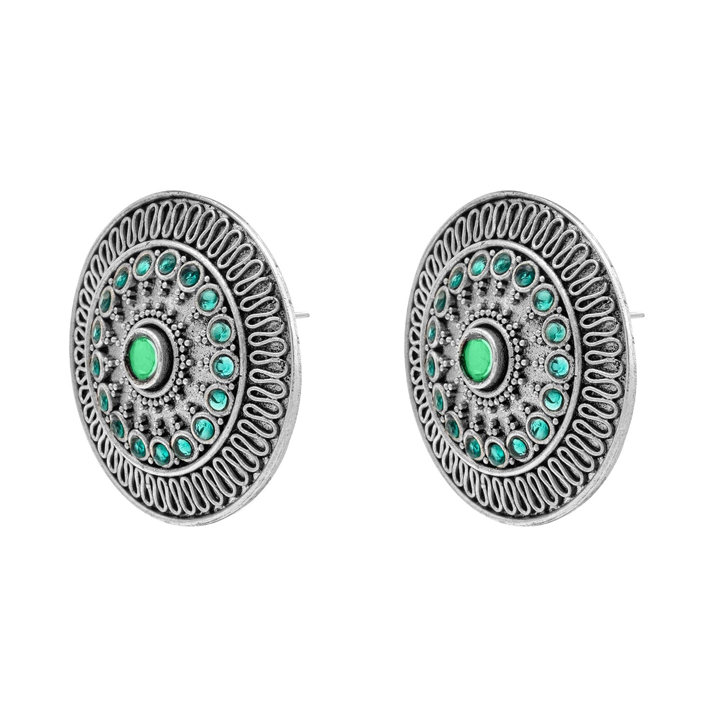 Traditional Indian Matte Silver Oxidised CZ, Crystal Oversized Stud Earring For Women - Silver, Green(SJE_218_S_G)