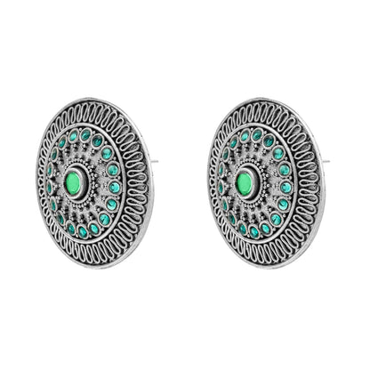 Traditional Indian Matte Silver Oxidised CZ, Crystal Oversized Stud Earring For Women - Silver, Green(SJE_218_S_G)