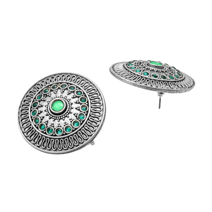 Traditional Indian Matte Silver Oxidised CZ, Crystal Oversized Stud Earring For Women - Silver, Green(SJE_218_S_G)