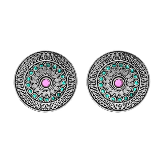 Traditional Indian Matte Silver Oxidised CZ, Crystal Oversized Stud Earring For Women -  Silver, Ruby, Green(SJE_218_S_R_G)