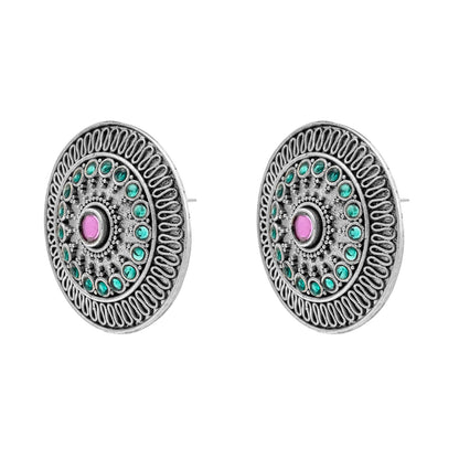 Traditional Indian Matte Silver Oxidised CZ, Crystal Oversized Stud Earring For Women -  Silver, Ruby, Green(SJE_218_S_R_G)