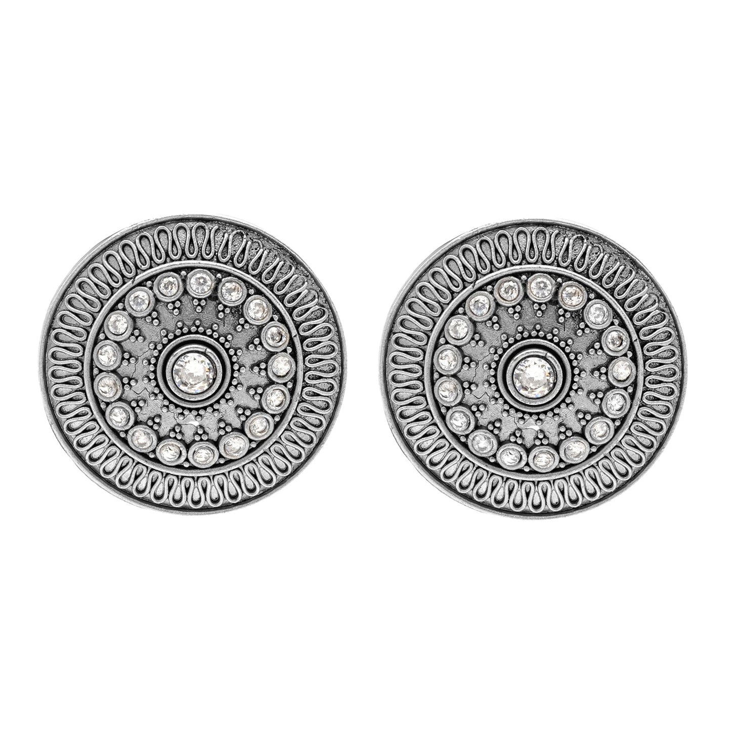 Traditional Indian Matte Silver Oxidised CZ, Crystal Oversized Stud Earring For Women - Silver, White (SJE_218_S_W)