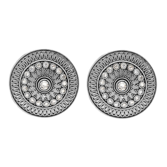 Traditional Indian Matte Silver Oxidised CZ, Crystal Oversized Stud Earring For Women - Silver, White (SJE_218_S_W)